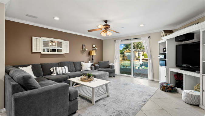 A living room with couches and a table