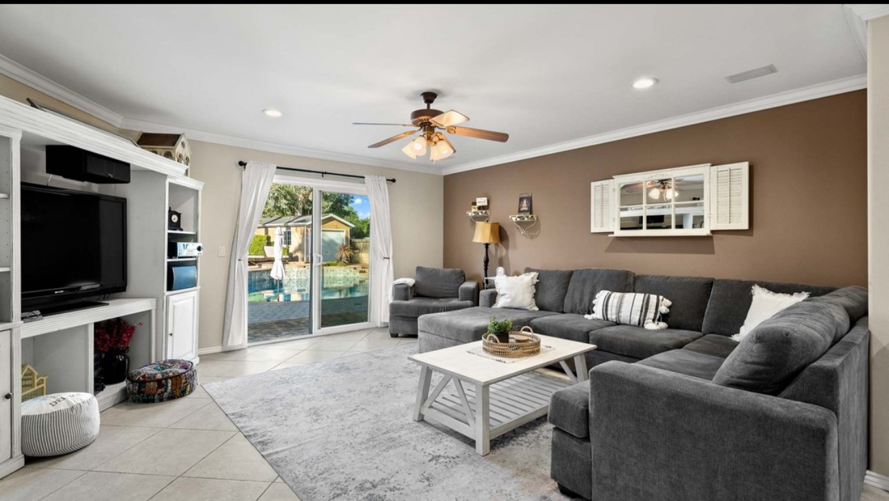 A living room with couches and a table